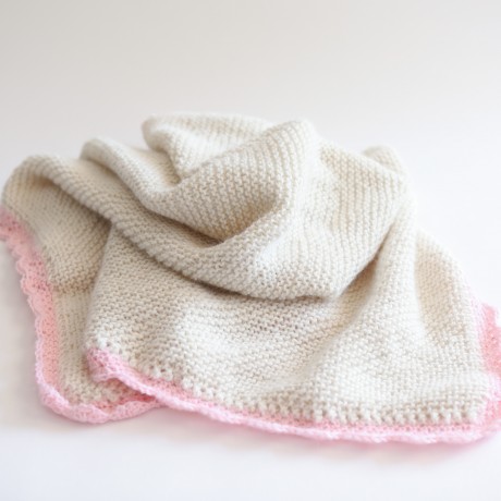 Alpaca Baby Shawl, Knitted - Natural with Pink Trim image